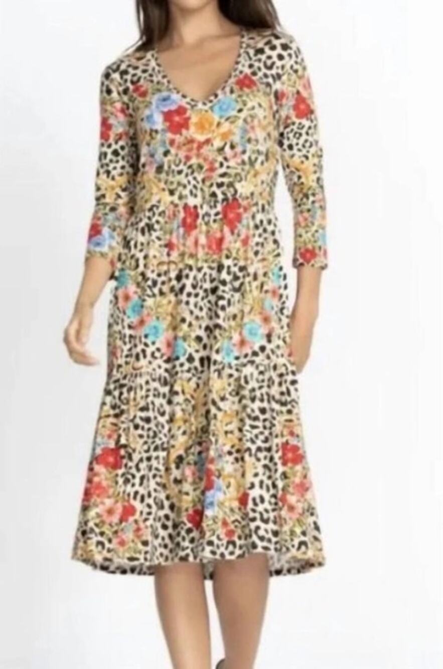 Johnny Was Cheetah Tiered Tea Length Dress Size Large